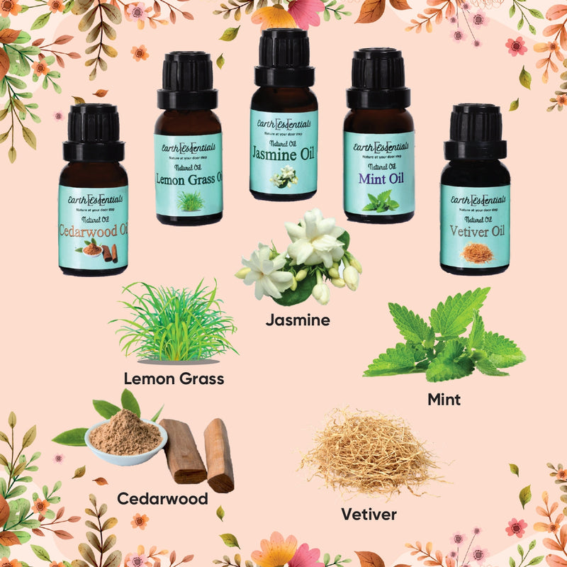 Natural oils Set of 5 Aroma oil 75 ml | diffuser Oil for home Office & Hotel Spa| Genuine oils Mint , Jasmine ,Lemongrass , Vetiver & Cedarwood