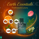 Earth Essentials perfume bottle with natural elements and scents on a colorful background