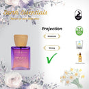 Earth Essentials MoGRA perfume bottle with product features on a floral background