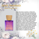 Earth Essentials Mogra perfume bottle with floral decorations and descriptive text on a light gray background.