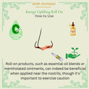 Instructions on how to use an energy uplifting roll-on product with icons and text.