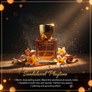 Sandalwood perfume bottle with sandalwood pieces and flowers on a wooden surface, surrounded by warm lighting.