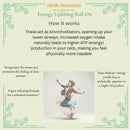 Promotional graphic for Earth Essentials Energy Uplifting Roll On with text and a colorful illustration of a person jumping.