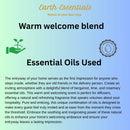 Promotional image for Earth Essentials warm welcome blend essential oils with text and branding elements.