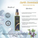 Earth Essentials aftershave bottle with product details and benefits on a nature-themed background