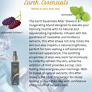 Earth Essentials after shave product with text and natural ingredients on a light blue background