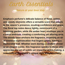 Text description of a perfume brand with floral and amber notes on a blurred background