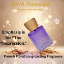 Purple perfume bottle with 'Earth Essentials' branding against a floral background