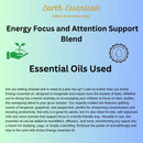 Promotional graphic for Earth Essentials Energy Focus and Attention Support Blend essential oils with text and branding elements.