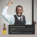 Man holding a sign about Earth Essentials Energy Blend with a bottle of the product on a gray background