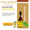Promotional graphic for Earth Essentials Energy Blend essential oil with a bottle and text on a white background.