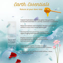 Earth Essentials face mist & toner with product packaging and text on a water droplet background