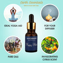 Earth Essentials Happy Blend oil bottle with lifestyle images and text on a light blue background