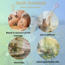 Promotional graphic for Earth Essentials with images of massage, diffuser, home spa, and calming essential oils.