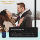 Couple embracing outdoors with Earth Essentials Happy Blend oil bottle displayed.
