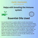 Promotional graphic for Earth Essentials essential oils with text about immune system boosting and usage.