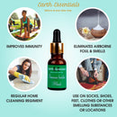 Earth Essentials immune booster blend bottle with usage scenarios on a light blue background