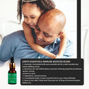 Man with a child embracing him, with Earth Essentials Immune Booster Blend product displayed.