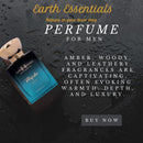 Earth Essentials perfume for men with text on a dark textured background