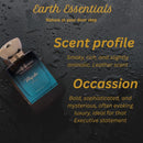 Earth Essentials perfume bottle with descriptive text on a textured dark background