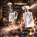 Perfume bottle with rose design on a dark background, featuring text about product features and uses.