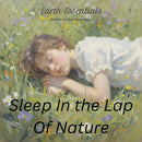 Woman lying in a field of flowers with text 'Sleep In the Lap Of Nature' and 'Earth Essentials' branding.