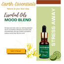 Promotional graphic for Earth Essentials essential oils with a bottle labeled 'Stress Away Blend' on a white background.