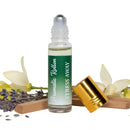 Roll-on bottle labeled 'Stress Away' with lavender and flowers on a white background