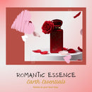Red perfume bottle with rose petals on a pink background, featuring 'Romantic Essence' by Earth Essentials.